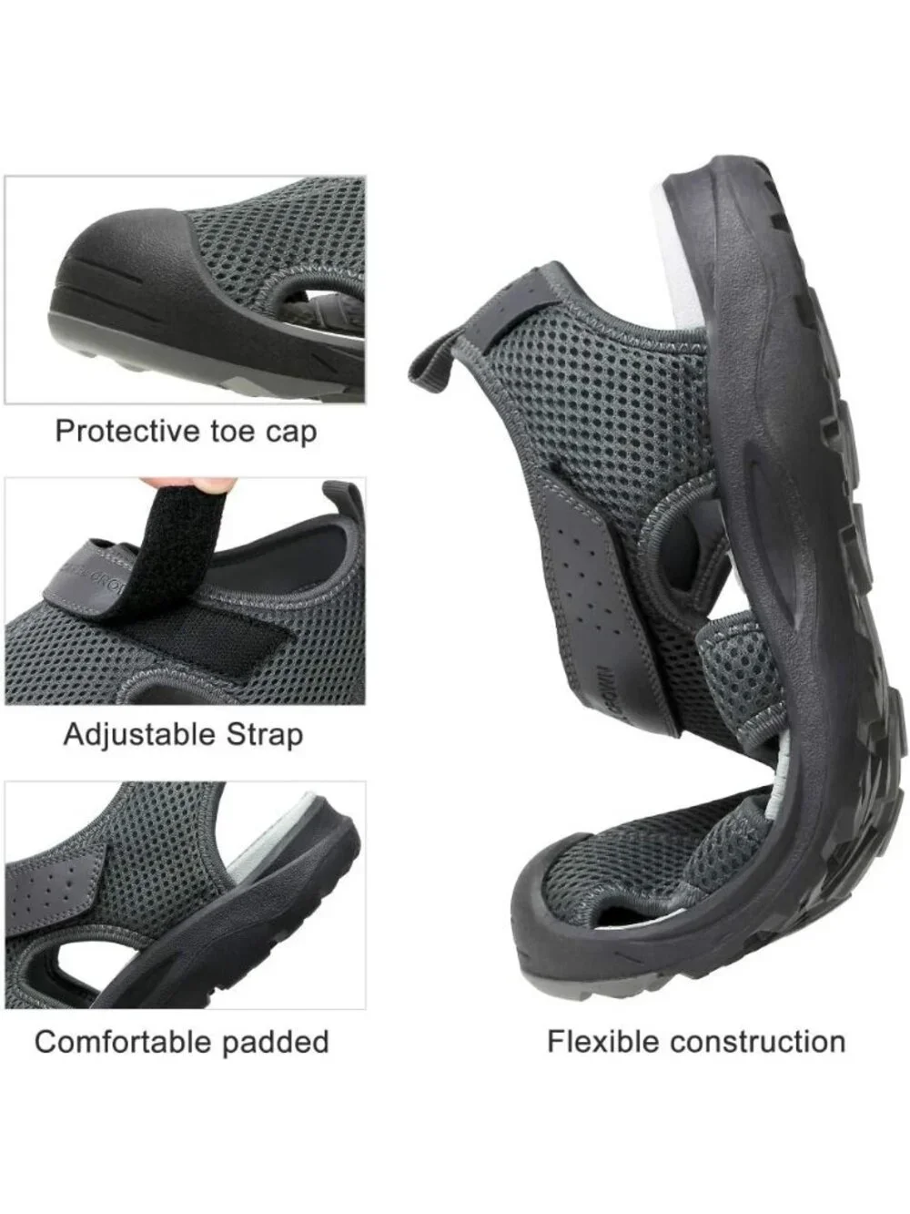 Men's Grey Mesh Hiking Sandals Closed-Toe Beach Sandal for Athletic Outdoor